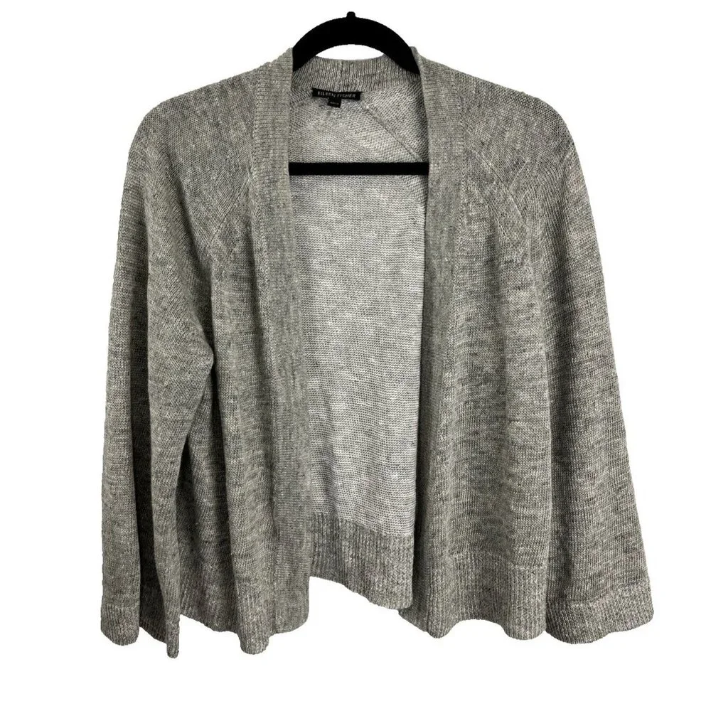 Eileen Fisher Grey-White Organic Linen & Cotton Open Front Cardi Womens Size S - Picture 1 of 7